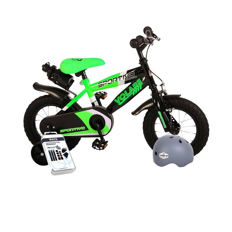 Foto van Volare kinderfiets sportivo - 12 inch - groen/zwart - inclusief fietshelm + accessoires