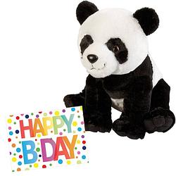 Foto van Pluche knuffel panda beer 30 cm met a5-size happy birthday wenskaart - knuffelberen
