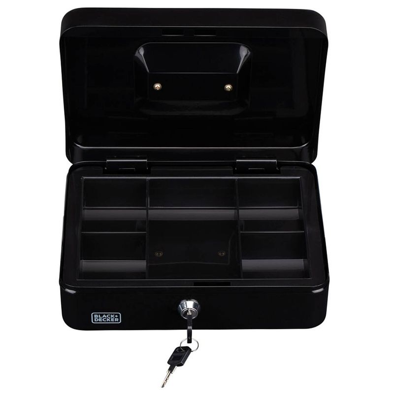 Foto van Black+decker geldkistje met sleutel - uitneembare lade 5 vakken - incl. 2 sleutels - 25 x 8,5 x 18 cm - metaal - zwart