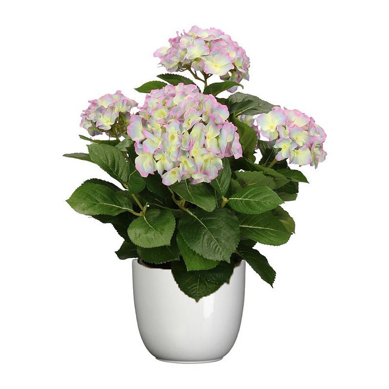 Foto van Hortensia kunstplant/kunstbloemen 45 cm - paars/groen - in pot wit glans - kunstplanten