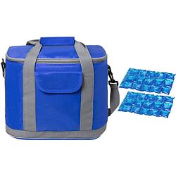 Foto van Grote koeltas draagtas/schoudertas blauw met 2 stuks flexibele koelelementen 22 liter - koeltas
