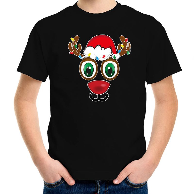 Foto van Bellatio decorations kerst t-shirt voor kinderen - rudolf gezicht - rendier - zwart xl (164-176) - kerst t-shirts kind