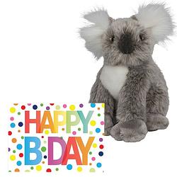 Foto van Pluche knuffel koala beer 18 cm met a5-size happy birthday wenskaart - knuffeldier