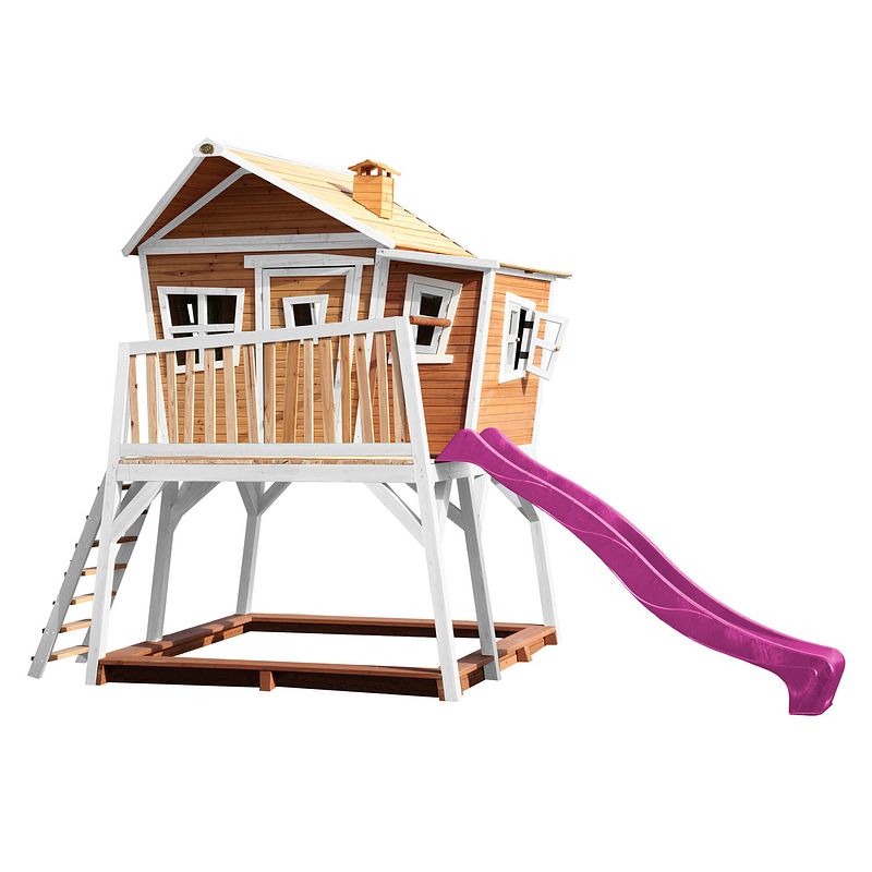Foto van Axi max speelhuis op palen, zandbak & paarse glijbaan speelhuisje voor de tuin / buiten in bruin & wit van fsc hout