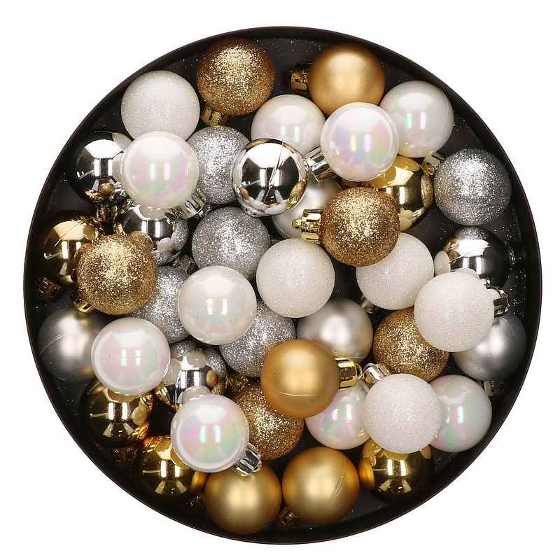 Foto van 48x stuks kunststof kerstballen mix goud/zilver/wit 4 cm - kerstbal