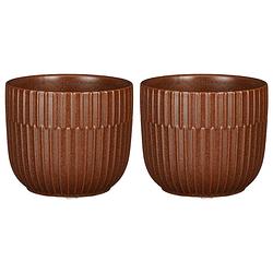 Foto van 2x stuks plantenpot/bloempot keramiek mat bruin stripes patroon - d11/h9 cm - plantenpotten