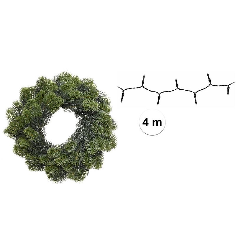 Foto van Groene kerstkrans/dennenkrans/deurkrans 50 cm inclusief helder witte verlichting - kerstkransen