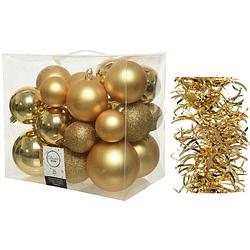 Foto van Kerstversiering kunststof kerstballen 6-8-10 cm met golf folieslingers pakket goud van 28x stuks - kerstbal