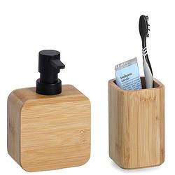 Foto van Badkamer accessoires set 2-delig - bamboe hout - luxe kwaliteit - zeeppompjes
