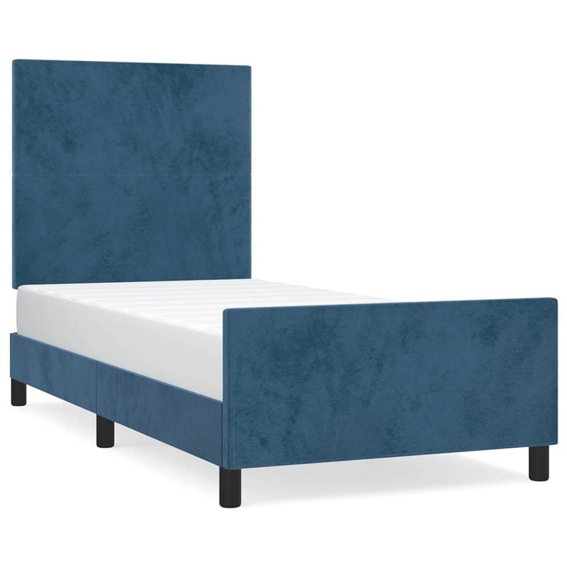 Foto van The living store bedframe donkerblauw - fluwelen stof - verstelbare hoogte - ondersteunende poten - multiplex