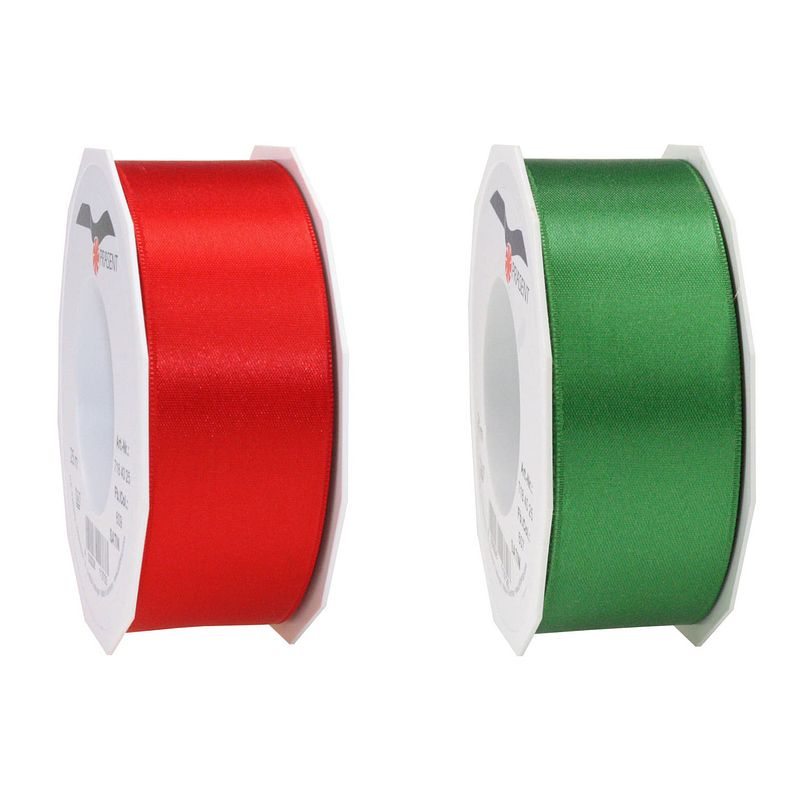 Foto van Satijn cadeau inpak deco sierlint rood en groen 25 meter x 0.4 cm - cadeaulinten