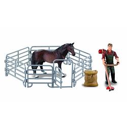 Foto van Farmee paard met hek en boer met maaier - boerderijspeelgoed -
