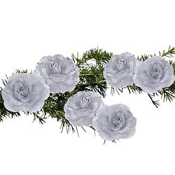 Foto van 6x stuks decoratie bloemen rozen zilver op clip 9 cm - kersthangers