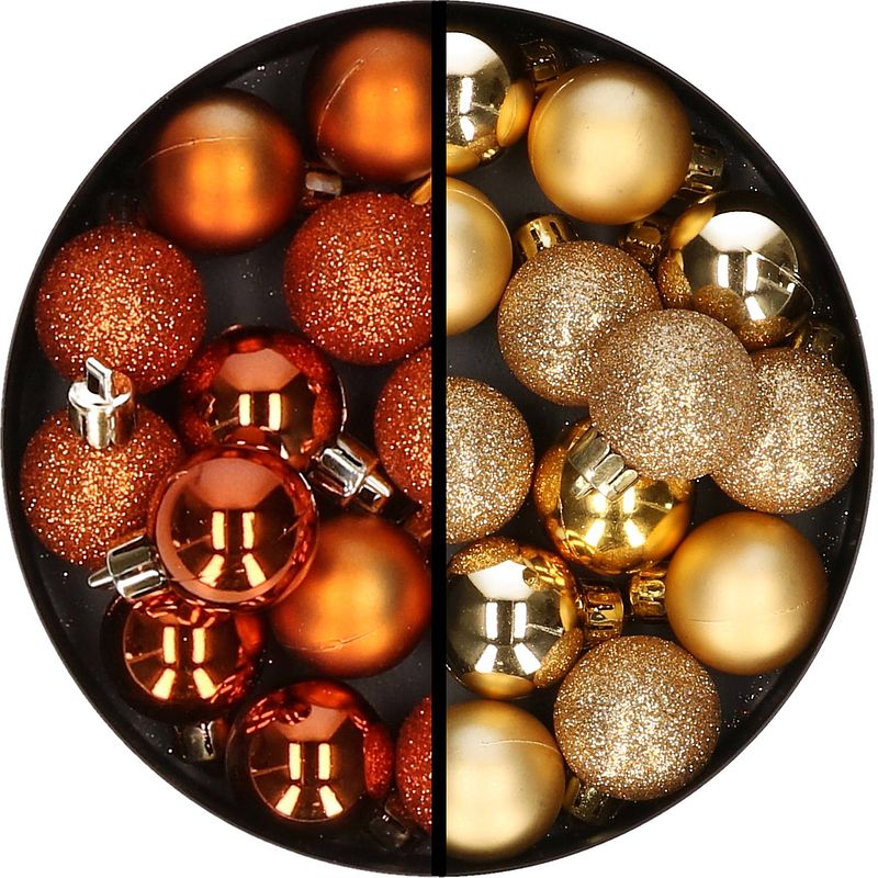 Foto van 34x stuks kunststof kerstballen oranje en goud 3 cm - kerstbal