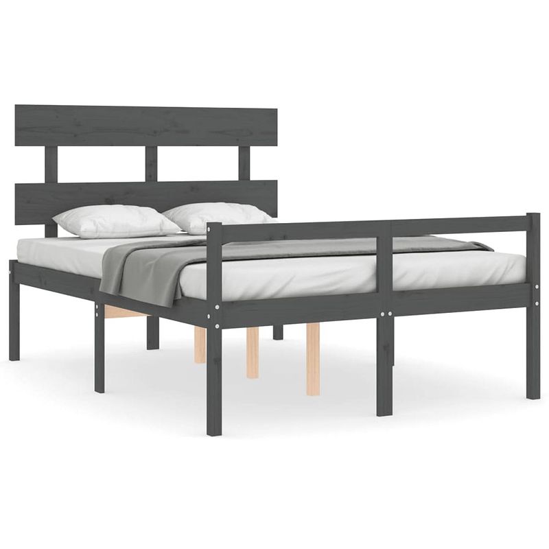 Foto van The living store massief grenenhouten bedframe - grijs - 205.5 x 145.5 x 81 cm - multiplex lattenbodem