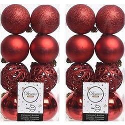 Foto van 32x kunststof kerstballen mix kerst rood 6 cm kerstboom versiering/decoratie - kerstbal