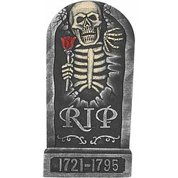 Foto van Halloween horror kerkhof decoratie grafsteen rip skelet met roos 32 x 65 cm - feestdecoratievoorwerp