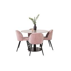 Foto van Razziagr eethoek eetkamertafel terazzo grijs en 4 velvet eetkamerstal velours roze, zwart.