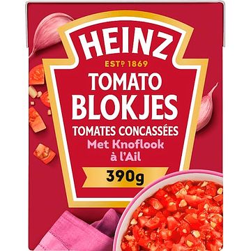 Foto van Heinz tomaten blokjes knoflook 390g bij jumbo