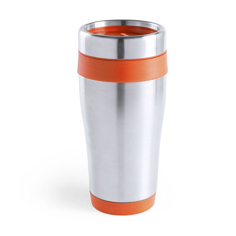 Foto van Warmhoudbeker/thermos isoleer koffiebeker/mok - rvs - zilver/oranje - 450 ml - thermosbeker