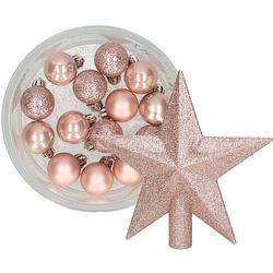 Foto van Decoris 14x stuks kerstballen 3 cm met ster piek lichtroze kunststof - kerstbal