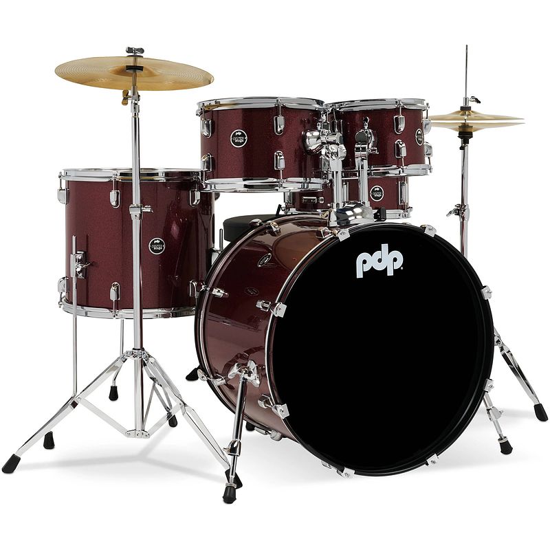 Foto van Pdp drums center stage rock ruby red sparkle 5d. drumstel met bekkens en hardware