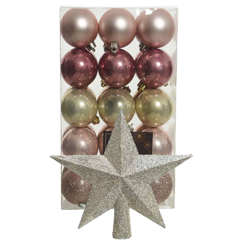 Foto van Kerstballen 30x roze/champagne- 6cm -en ster piek champagne- kunststof - kerstbal