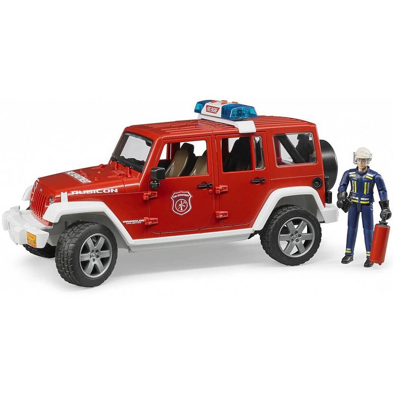Foto van Jeep wrangler rubicon brandweerwagen met figuur