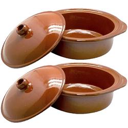 Foto van Set van 2x stuks tapas terracotta ovenschalen/stoofpotten cocotte met deksel 26 cm - braadpannen