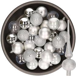 Foto van Kerstballen 48x stuks 6 cm incl. glitter piek zilver kunststof - kerstbal