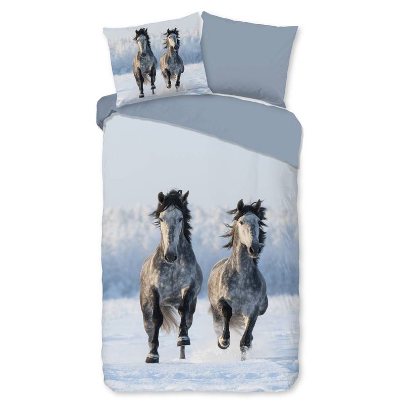 Foto van Good morning kinder dekbedovertrek flanel snowhorses - grey 140x200/220cm