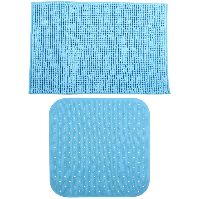 Foto van Msv douche anti-slip mat en droogloop mat - sevilla badkamer set - rubber/microvezel - lichtblauw - badmatjes