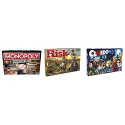 Foto van Spellenbundel - bordspellen - 3 stuks - monopoly valsspelerseditie & risk & cluedo