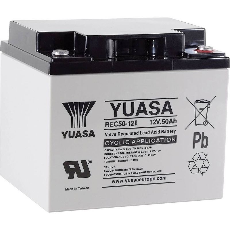 Foto van Yuasa rec50-12 loodaccu 12 v 50 ah loodvlies (agm) (b x h x d) 197 x 175 x 165 mm m5-schroefaansluiting geringe zelfontlading, onderhoudsarm, cyclusbestendig