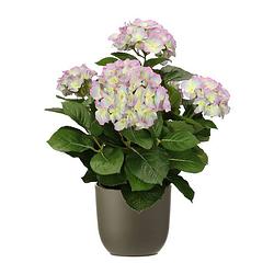 Foto van Hortensia kunstplant/kunstbloemen 45 cm - paars/groen - in pot olijfgroen mat - kunstplanten