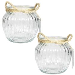Foto van 2x stuks glazen ronde windlichten ribbel 2 liter met touw hengsel/handvat 15 x 14,5 cm - vazen