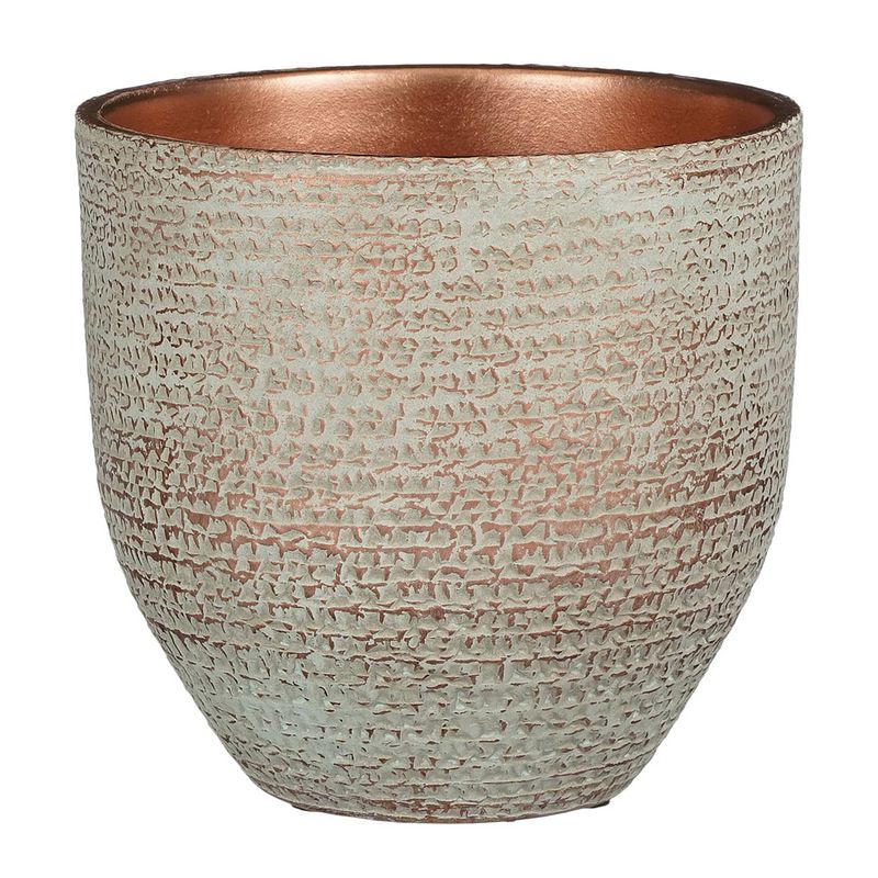 Foto van Plantenpot/bloempot carrie terracotta koper met flakes patroon - d20/h18 cm - plantenpotten