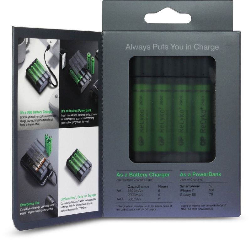 Foto van Gp charge anyway powerbank incl. 4x aa batterijen 2600mah + 2 aa/aaa beschermdoosjes