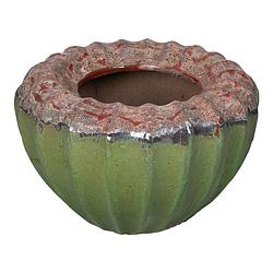 Foto van Ptmd jinah green ceramic pot organic ribbed round s