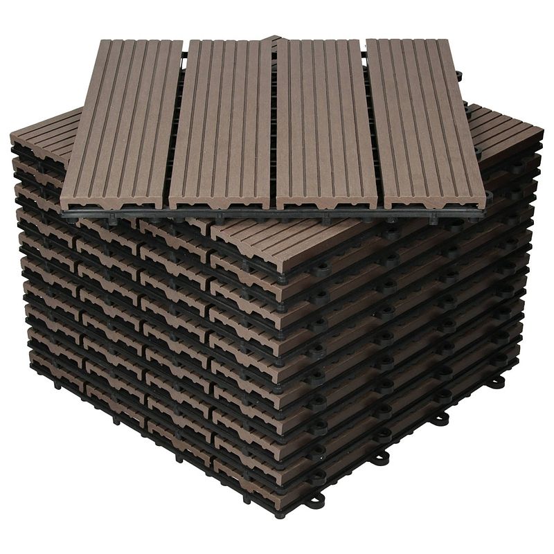 Foto van Ecd germany wpc-terras tegels 30x30 cm 22er spar set für 2m² donkerbruin in houtlook voor tuinbalkonvloeren