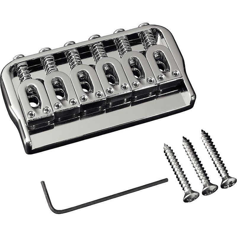 Foto van Hipshot 6-string fixed guitar bridge .125 inch chrome met stalen zadels en 3.2 mm grondplaat