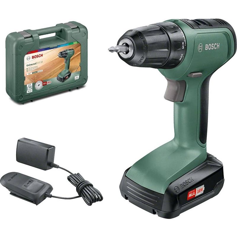 Foto van Bosch universaldrill 18v - accuschroefboormachine - met 1 accu 1v-1.5ah en opbergkoffer)