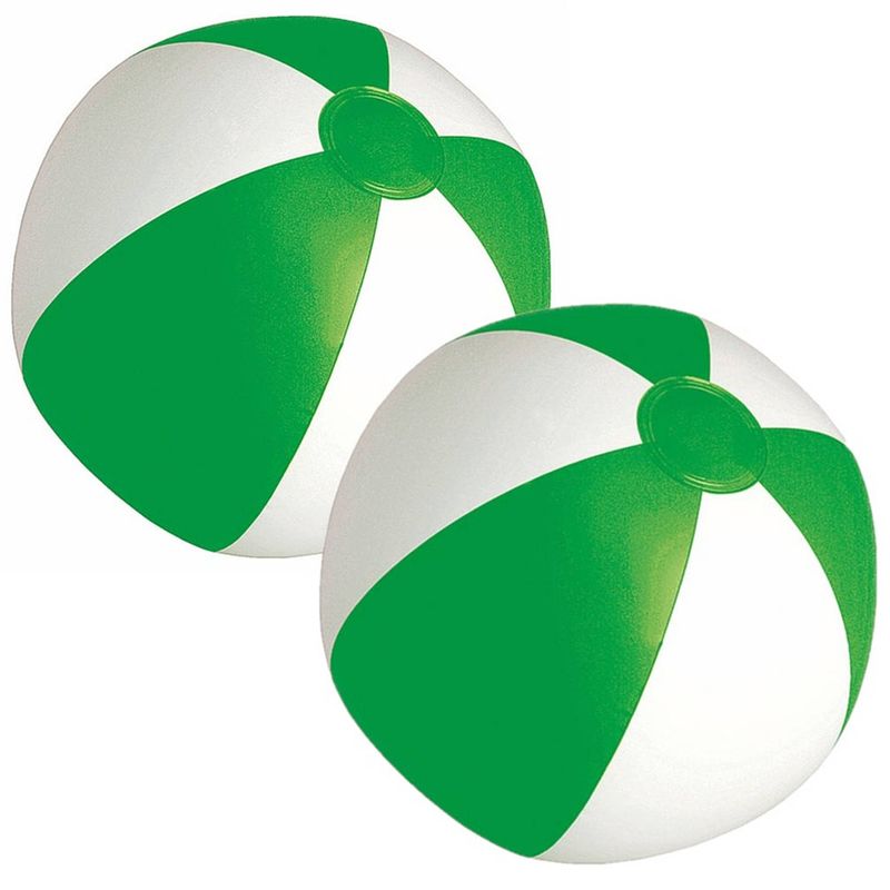 Foto van 2x stuks opblaasbare zwembad strandballen plastic groen/wit 28 cm - strandballen