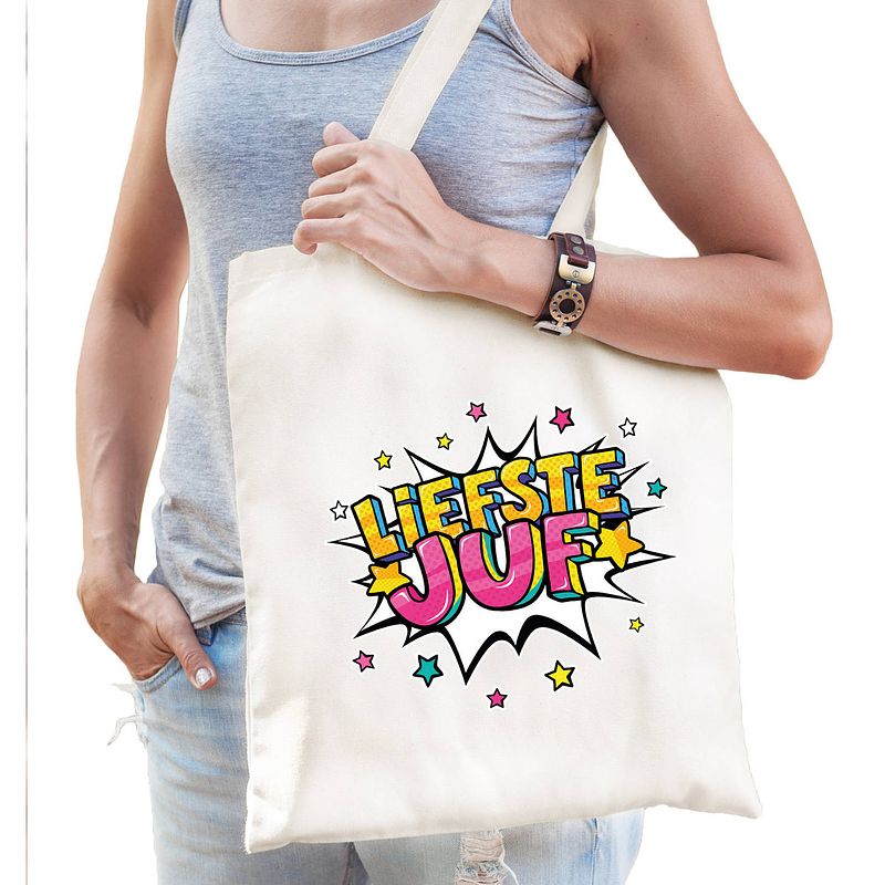 Foto van Liefste juf popart katoenen tas wit voor dames - feest boodschappentassen