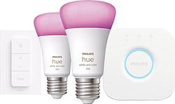 Foto van Philips hue white and color starter pack e27 met 2 lampen, dimmer + bridge