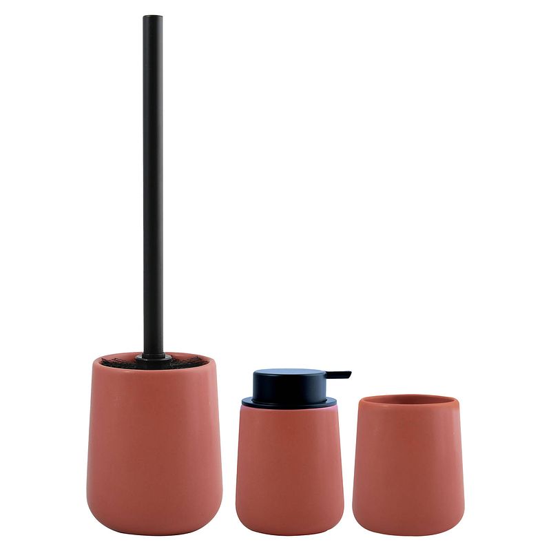 Foto van Msv toiletborstel in houder/zeeppompje/beker - badkamer set malmo - keramiek - terracotta - badkameraccessoireset