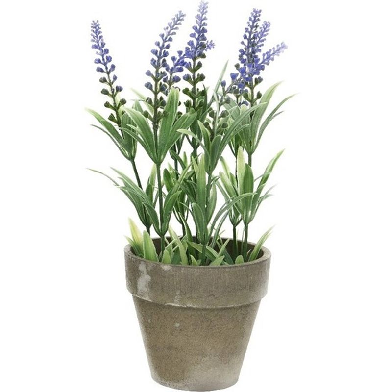 Foto van Groene/paarse lavandula/lavendel kunstplant 25 cm in beton pot - kunstplanten