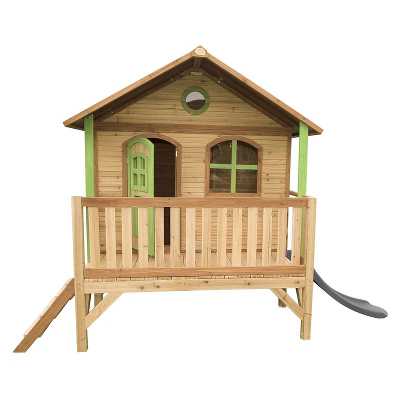 Foto van Axi stef speelhuis op palen & grijze glijbaan speelhuisje voor de tuin / buiten in bruin & groen van fsc hout