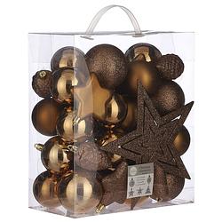 Foto van 39x stuks kunststof kerstballen en kerstornamenten met ster piek koper mix - kerstbal