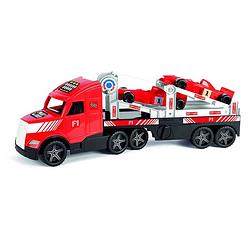 Foto van Wader autotransport truck met twee formule 1 auto´s 79 cm rood